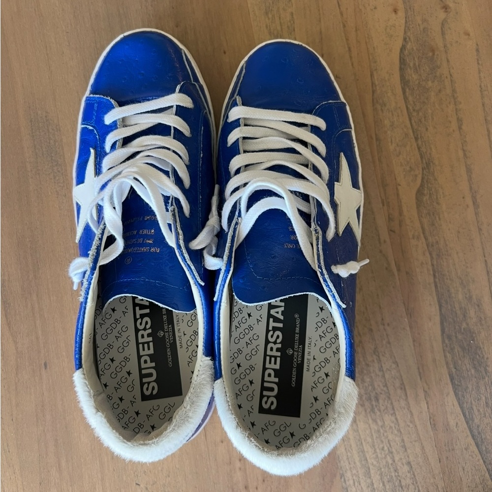 Blue Ostrich Golden Goose Sneakers with White Accents